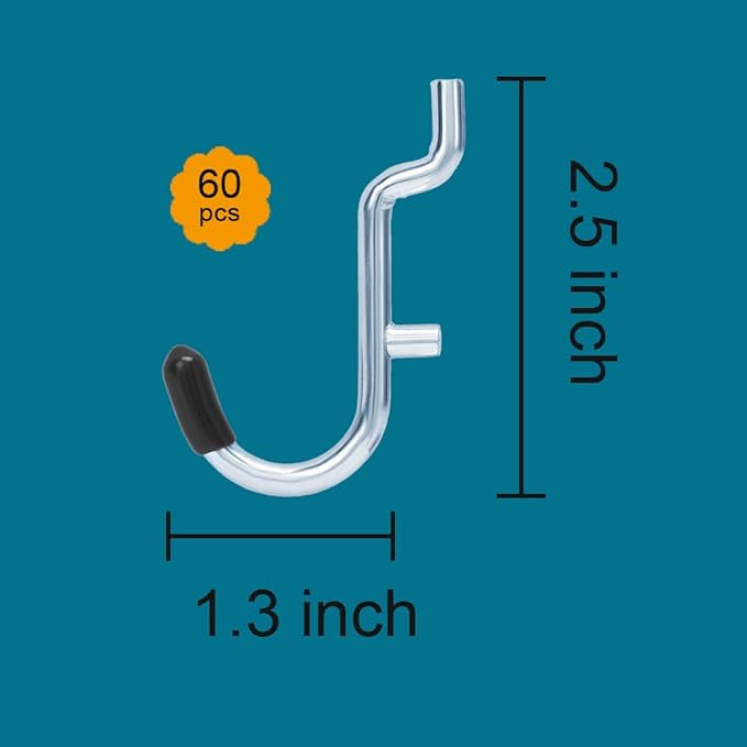 1/4 Inch Extra Thick Pegboard Hooks,Only Suitable for 1/4" Pegboard Board,Metal Pegboard Hooks for Hanging Storage(60pcs J Hook, Black)