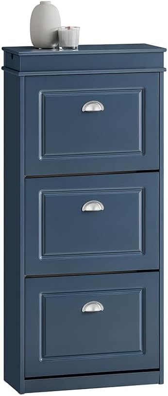 Haotian Shoe Cabinet with 3 Flip Drawers, Freestanding Shoe Rack for Entryway, Shoe Organizer with Hidden Drawer, Navy Blue, FSR94-B (9.45" D x 20.87" W x 46" H)