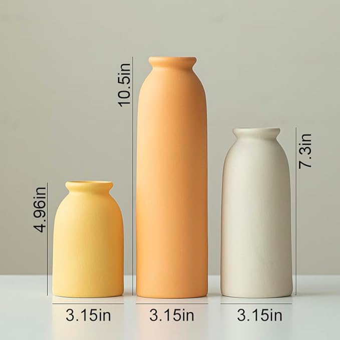 10.4 inches Tall Decorative Ceramic Vase Set, 3 Pieces, 10 inches Nordic Modern Style, White, Farmhouse Home Boho Shelf Decor(Orange)