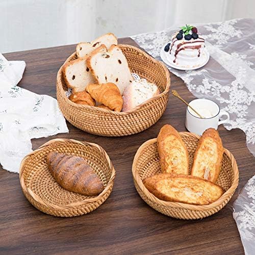 YANGQIHOME Rattan Bread Basket, Round Fruit Baskets, Wicker Storage Bowls, Natural Woven Serving Basket Bowls, Decorative Baskets for Kitchen Counter Organizing, Set of 3