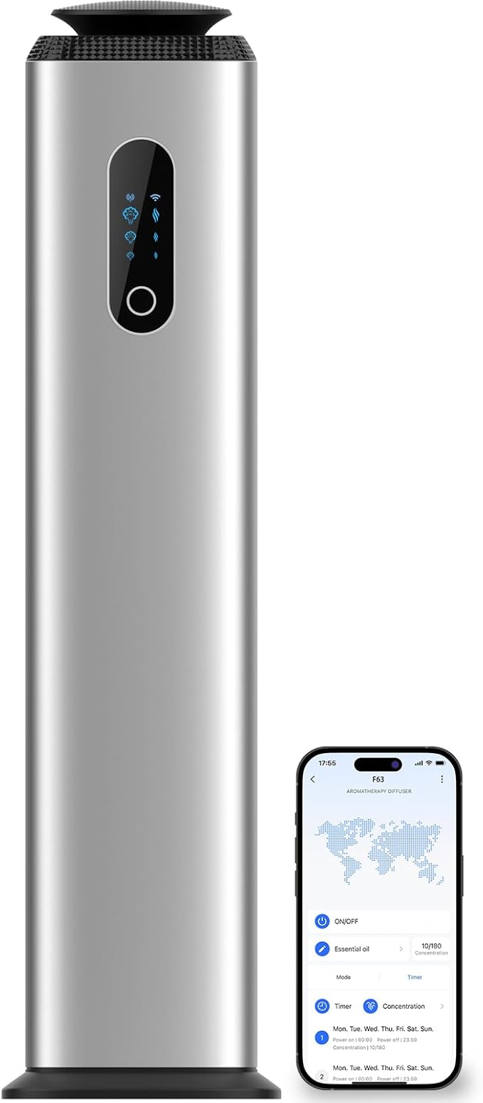 1000ML- Commercial Diffuser Machine Cover 10000 Sq Ft - Tower Hotel Scent Diffuser for Whole House - WiFi App Control -Scent Air Machine & Waterless Essential Oil Diffuser for Large Room - Silver