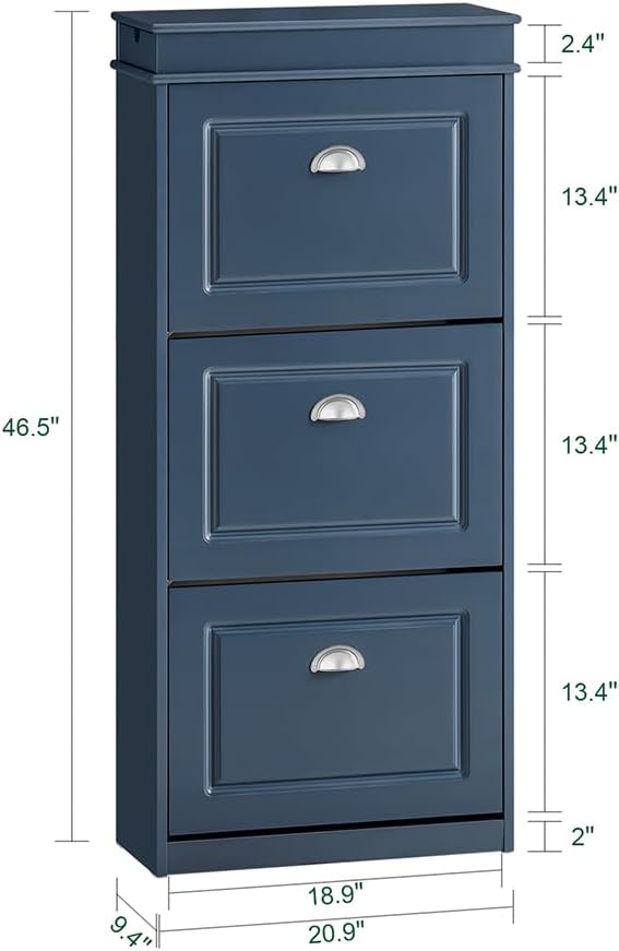 Haotian Shoe Cabinet with 3 Flip Drawers, Freestanding Shoe Rack for Entryway, Shoe Organizer with Hidden Drawer, Navy Blue, FSR94-B (9.45" D x 20.87" W x 46" H)