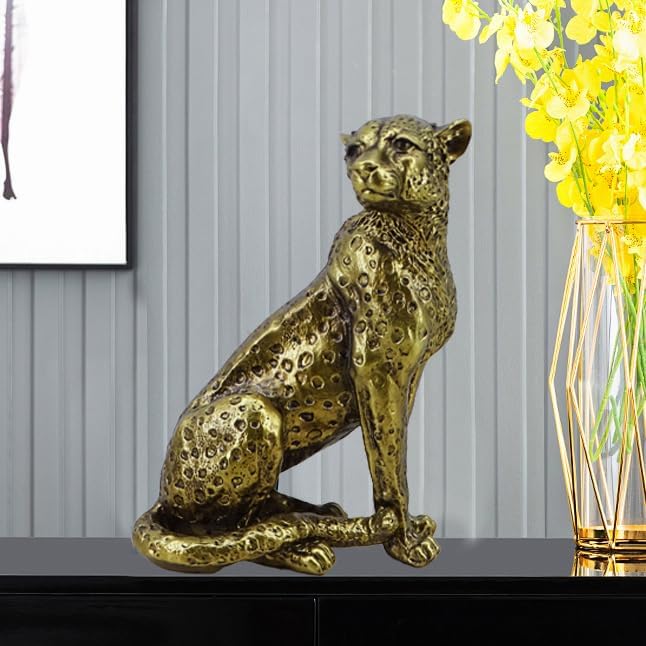 10-inch Antique Gold Leopard Sculpture - Resin Sitting Cheetah Figurine with Gold Dot Design, Art Deco Home Decor for Shelves & Office