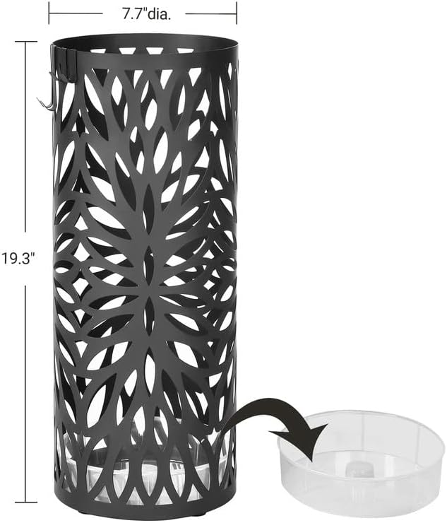 SONGMICS Umbrella Stand, Umbrella Holder for Entryway, Steel Round Umbrella Rack Freestanding, for Canes Walking Sticks, with a Detachable Drip Tray, 2 Long and 2 Short Hooks, Matte Black ULUC20B