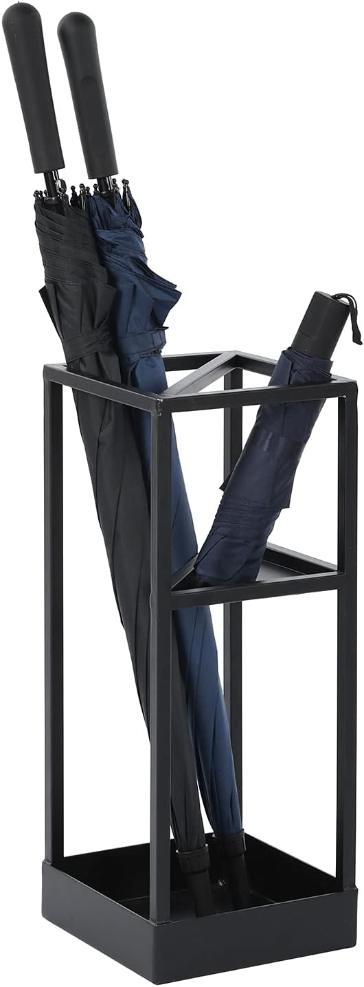 MyGift Umbrella Stand,Umbrella Holder for Entryway,20 Inch Tall Modern Metal Geometric Freestanding Umbrella Rack or Cane Holder with Shelf for Small Umbrellas and Bottom Drip Tray (Black)