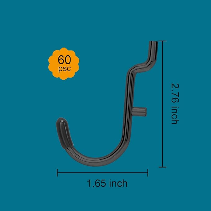 1/4 Inch Extra Thick Pegboard Hooks,Only Suitable for 1/4" Pegboard Board,Metal Pegboard Hooks for Hanging Storage (All Black, 60pcs J Hook)