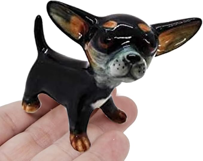 WitnyStore 2⅜" Black Stand Big Head Chihuahua Dog Ceramic Figurine for Terrarium Decoration Collectible Statue for Adult Collectors Handcrafted Porcelain Ornament Sculpture Home Room Tabletop Decor