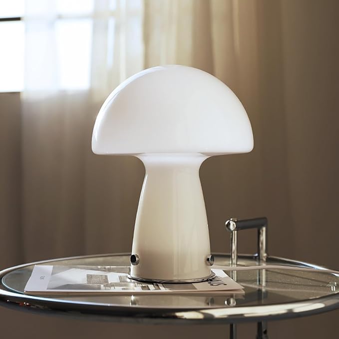 White Small Mushroom Table Lamp,3000K Warm Light Glass Desk Lighting,Bauhaus Decorative Nightstand Lamp,Vintage Style Table Light for Living Room Office