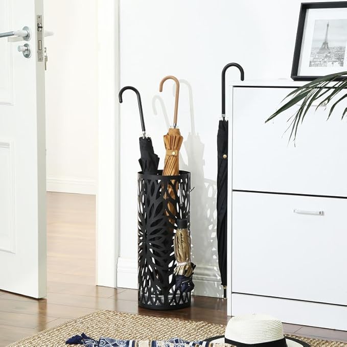 SONGMICS Umbrella Stand, Umbrella Holder for Entryway, Steel Round Umbrella Rack Freestanding, for Canes Walking Sticks, with a Detachable Drip Tray, 2 Long and 2 Short Hooks, Matte Black ULUC20B