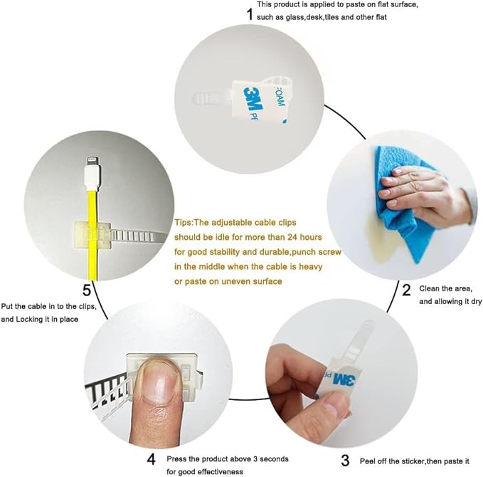 HS Under Desk Cable Management Clips Black with Screw Hole and 3M Tape (50 Pack),Large Adhesive Electrical Cable Straps Ties 3 Inch Organizers for Cords,Christmas Lights,Desktop PC