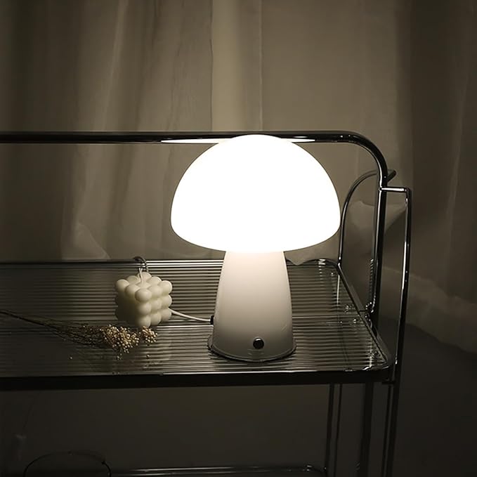 White Small Mushroom Table Lamp,3000K Warm Light Glass Desk Lighting,Bauhaus Decorative Nightstand Lamp,Vintage Style Table Light for Living Room Office