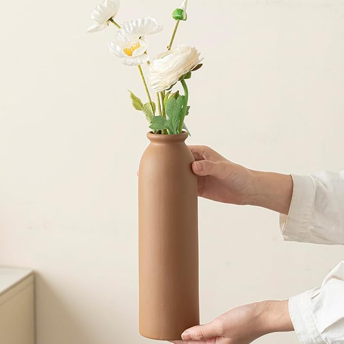 10.4 inches Tall Decorative Ceramic Vase Set, 3 Pieces, Nordic Modern Boho Style, White, Modern Farmhouse for Home Decor (Coffee Mix)