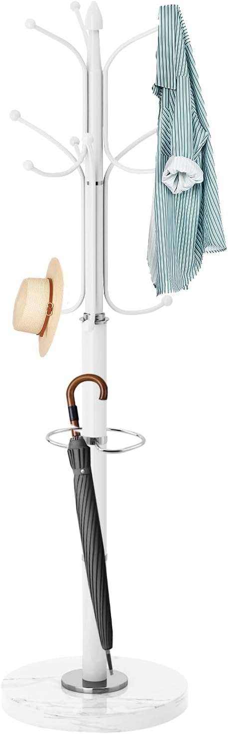 ZOZOE Metal Coat Rack Stand, Modern Coat Rack Freestanding with Natural Marble Base, Sturdy Coat Racks with 12 Hooks & Umbrella Holder,White Coat Tree Hanger Stand for Bags,Hats,Entryway,Office