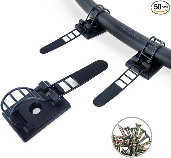 HS Under Desk Cable Management Clips Black with Screw Hole and 3M Tape (50 Pack),Large Adhesive Electrical Cable Straps Ties 3 Inch Organizers for Cords,Christmas Lights,Desktop PC