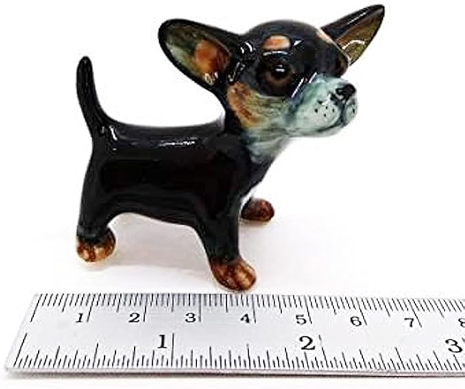 WitnyStore 2⅜" Black Stand Big Head Chihuahua Dog Ceramic Figurine for Terrarium Decoration Collectible Statue for Adult Collectors Handcrafted Porcelain Ornament Sculpture Home Room Tabletop Decor