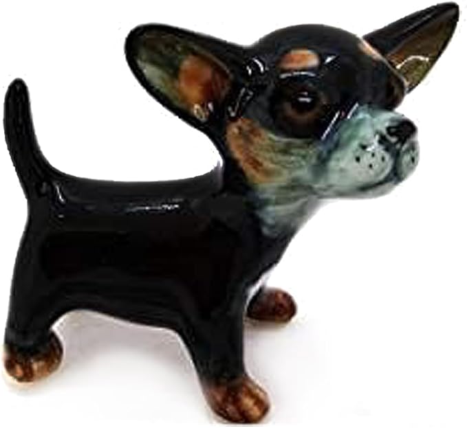 WitnyStore 2⅜" Black Stand Big Head Chihuahua Dog Ceramic Figurine for Terrarium Decoration Collectible Statue for Adult Collectors Handcrafted Porcelain Ornament Sculpture Home Room Tabletop Decor