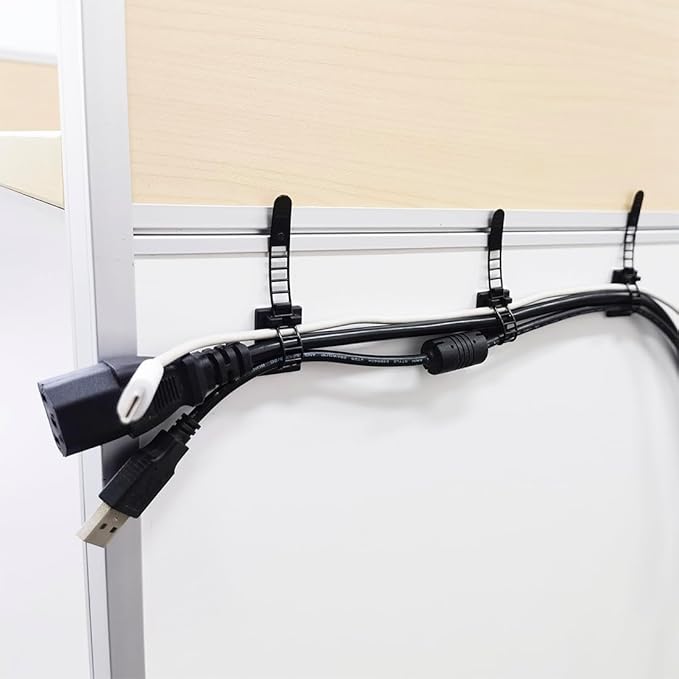 HS Under Desk Cable Management Clips Black with Screw Hole and 3M Tape (50 Pack),Large Adhesive Electrical Cable Straps Ties 3 Inch Organizers for Cords,Christmas Lights,Desktop PC