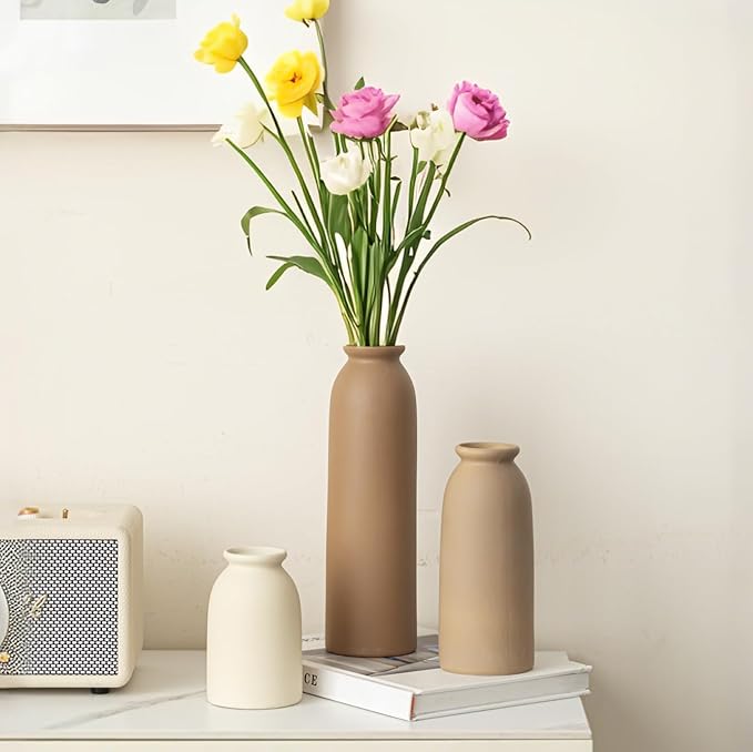 10.4 inches Tall Decorative Ceramic Vase Set, 3 Pieces, Nordic Modern Boho Style, White, Modern Farmhouse for Home Decor (Coffee Mix)
