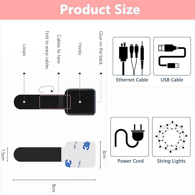 Adhesive Cable Clips – 50 Pack Hook and Loop Cable Ties,Self-Adhesive Cable Management Clips for Under Desk Organization,Sticky-Back Wire Straps for TV, PC, Laptop & Ethernet (Black)