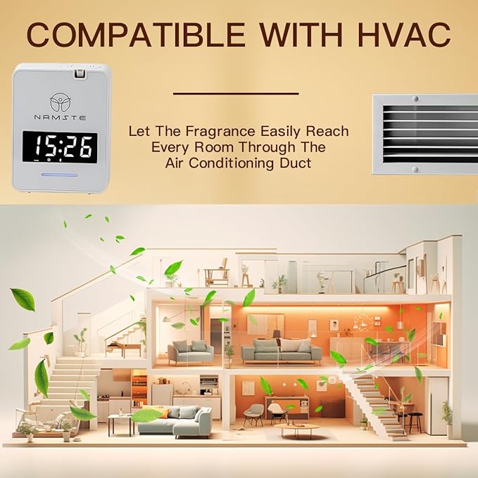 Waterless Diffuser - 3000 Sq. Ft Essential Oil Diffuser with Clock - Whole House & Hotel Collection HVAC System, 300ML Scent Machine Smart Oil Level Monitoring, Bluetooth Control, Cold Air Tech