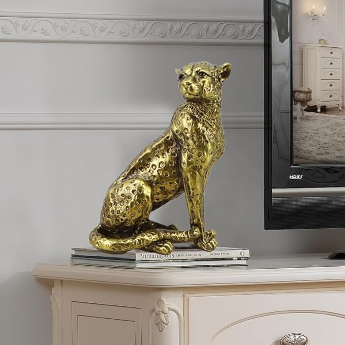 10-inch Antique Gold Leopard Sculpture - Resin Sitting Cheetah Figurine with Gold Dot Design, Art Deco Home Decor for Shelves & Office