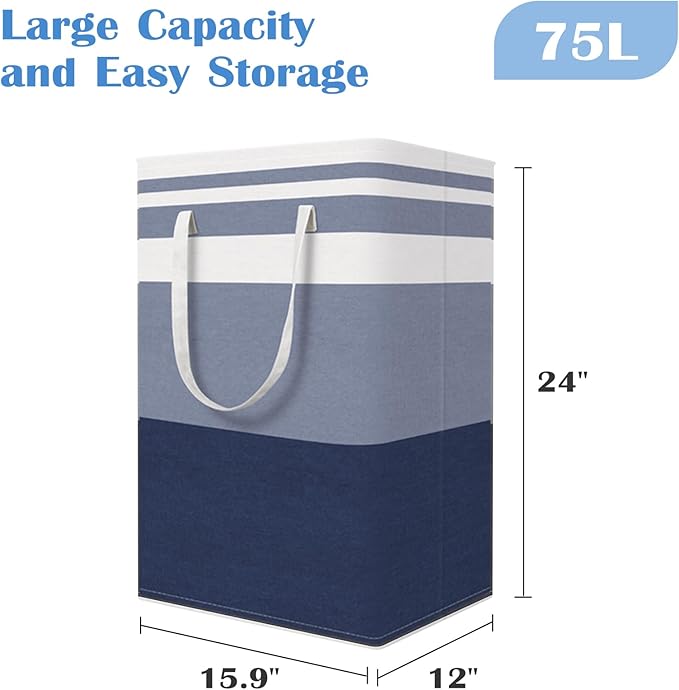 BlissTotes 3-Pack Laundry Basket, Freestanding＆Waterproof Laundry Hamper, Collapsible Tall Clothes Hamper with Easy Carry Handles for Clothes, Towels in the Family and Dorm,Gradient Blue,75L