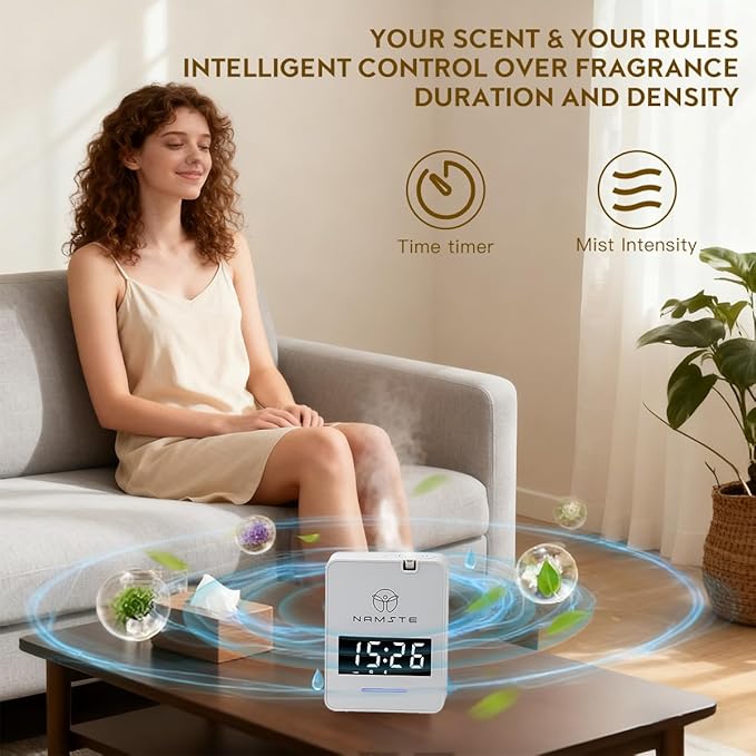 Waterless Diffuser - 3000 Sq. Ft Essential Oil Diffuser with Clock - Whole House & Hotel Collection HVAC System, 300ML Scent Machine Smart Oil Level Monitoring, Bluetooth Control, Cold Air Tech