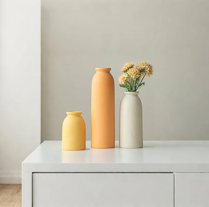 10.4 inches Tall Decorative Ceramic Vase Set, 3 Pieces, 10 inches Nordic Modern Style, White, Farmhouse Home Boho Shelf Decor(Orange)