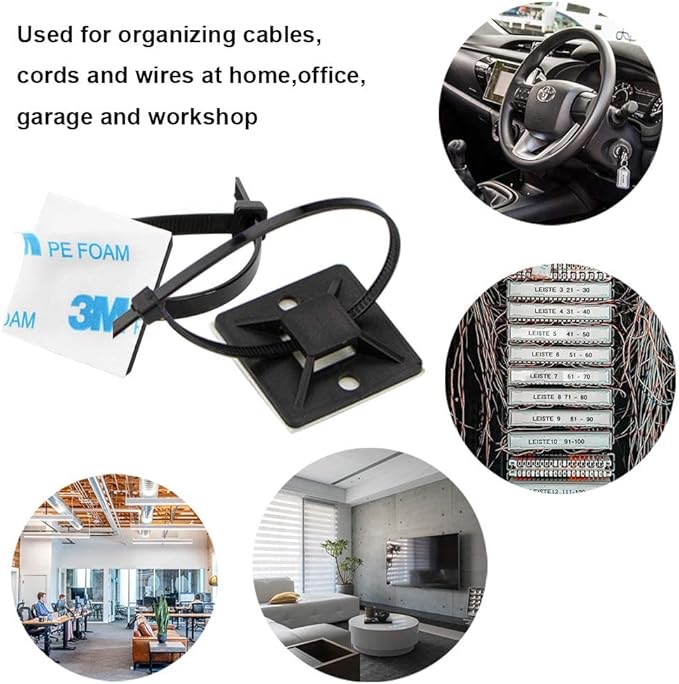 Zip Tie Mount 3/4" Black Small Wire Tie Adhesive Mounting 100 Pcs for Wire Clips Cable Management Cable Tie Anchors for Home Office Wiring Durable Pro-grade UV Wire Holder Organizer for Tidy Cabling