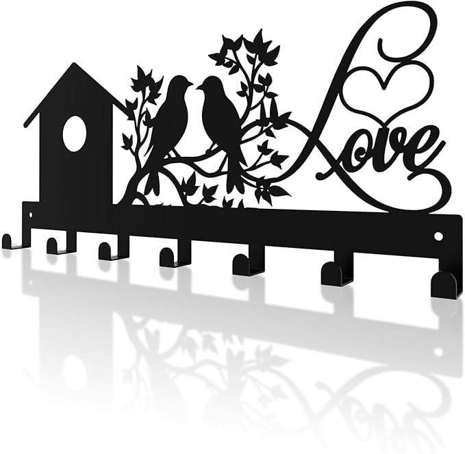 Metal Key Holder, Wall Mounted Key Hooks, Key Holder for Wall, Key Organizer Rack with 7 Hooks, Key Hanger Decor for Kitchen, Entryway, Hallway, Bedroom, Doorway (House Bird 12IN)