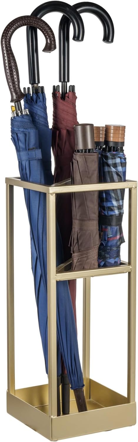 Umbrella Stand,Umbrella Holder for Entryway,20 Inch Tall Modern Brass Tone Metal Geometric Freestanding Entryway Umbrella Rack or Cane Holder with Shelf for Small Umbrellas and Bottom Drip Tray