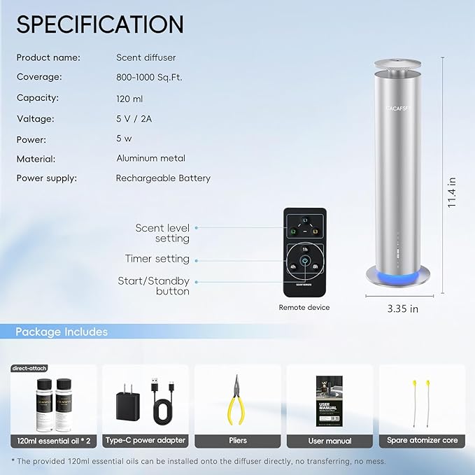 The CACAFSFY Waterless Scent Diffuser Starter Kit - 1000 Sq Ft Coverage, Hotel Scent Diffuser, Essential Oil Diffuser Large Room, Included 2x120ml Scent Oils, Remote Control,Cold Air Diffuser