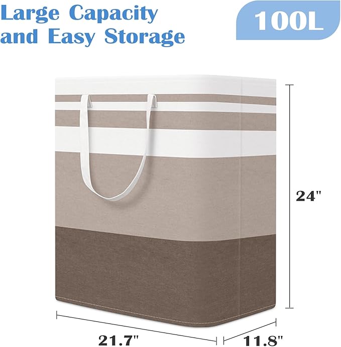 BlissTotes 3-Pack Laundry Basket, Freestanding＆Waterproof Laundry Hamper, Collapsible Tall Clothes Hamper with Easy Carry Handles for Clothes, Towels in the Family and Dorm,Gradient Khaki,100L