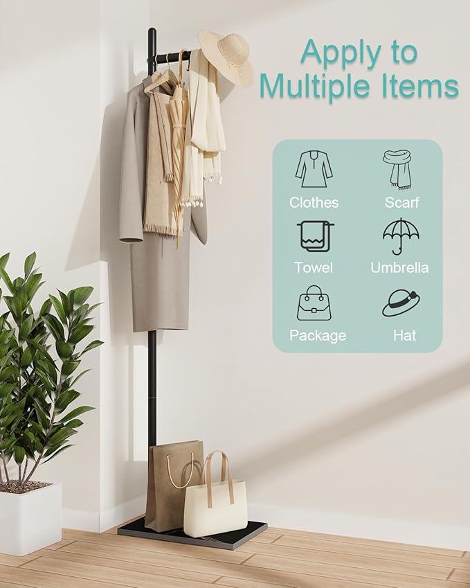 Yawinhe Metal Coat Rack, Coat Tree with Rock Base,L Shaped Freestanding Hall Tree, Clothes Hanger Stand Suitable for Bedroom, Hallway, Entrance,68.5 Inches High,Black,USMJ101B