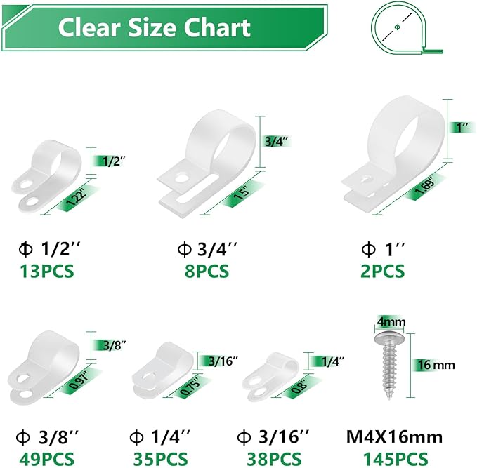Cable Clips for Cable Management Cord Organizer, 6 Sizes 290 PCS Nylon R-Type, 3/16'' 1/4'' 3/8'' 1/2'' 3/4'' 1'' White Plastic Screw Mounting Cord Fastener Clamp Assortment Kit with M4 Screws