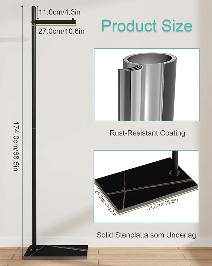 Yawinhe Metal Coat Rack, Coat Tree with Rock Base,L Shaped Freestanding Hall Tree, Clothes Hanger Stand Suitable for Bedroom, Hallway, Entrance,68.5 Inches High,Black,USMJ101B