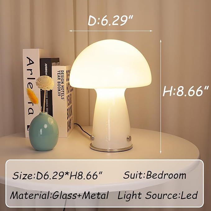 White Small Mushroom Table Lamp,3000K Warm Light Glass Desk Lighting,Bauhaus Decorative Nightstand Lamp,Vintage Style Table Light for Living Room Office