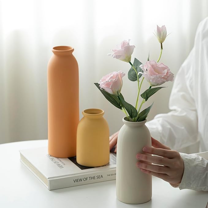 10.4 inches Tall Decorative Ceramic Vase Set, 3 Pieces, 10 inches Nordic Modern Style, White, Farmhouse Home Boho Shelf Decor(Orange)