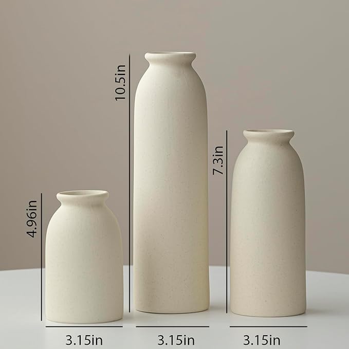 10.4 inches Tall Decorative Ceramic Vase Set, 3 Pieces, Nordic Modern Boho Style, White, for Home Decor (Beige)