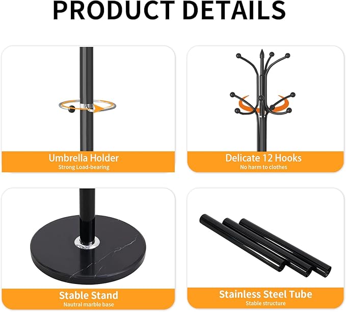 ZOZOE Metal Coat Rack Stand, Modern Coat Rack Freestanding with Natural Marble Base, Sturdy Coat Racks with 12 Hooks & Umbrella Holder,Black Coat Tree Hanger Stand for Bags,Hats,Entryway,Office