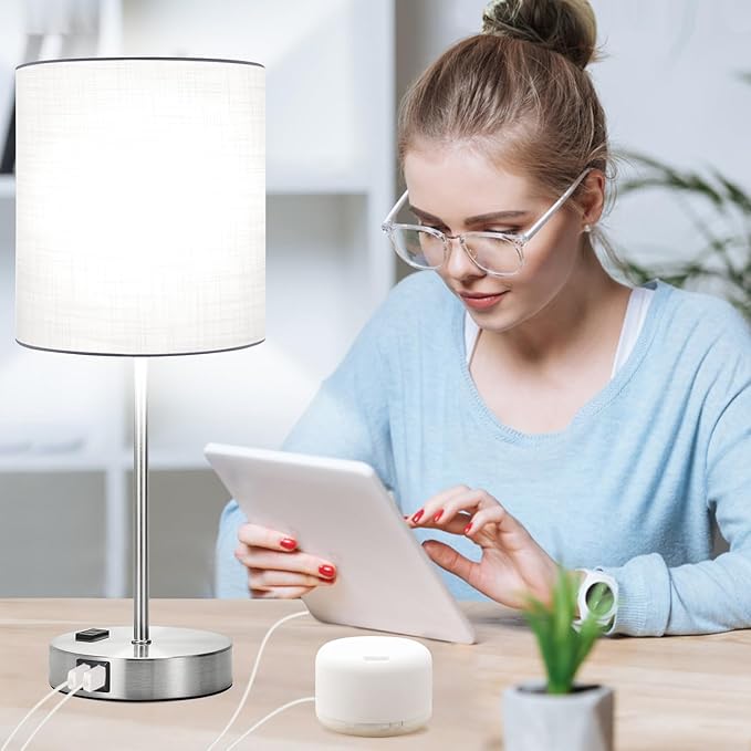 𝟮𝟬𝟮𝟯 𝗡𝗘𝗪 Set of 2 Touch White Table Lamps with 2 USB Ports & AC Outlet, 3-Way Dimmable Bedside Nightstand Lamps for Bedroom Living Room Nursery , 800 Lumens 5000K Daylight Bulbs Included