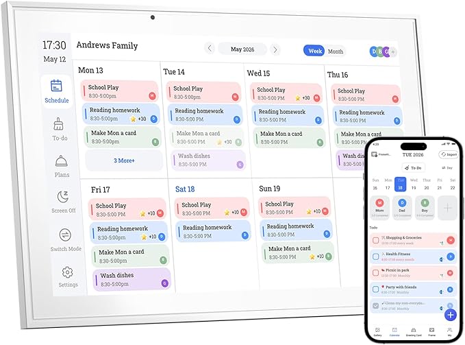 10.1 Inch Digital Calendar & Chore Chart – Interactive Touchscreen Wall Planner, Smart Family Organizer for Family Schedules, Desktop and Wall Mountable, White