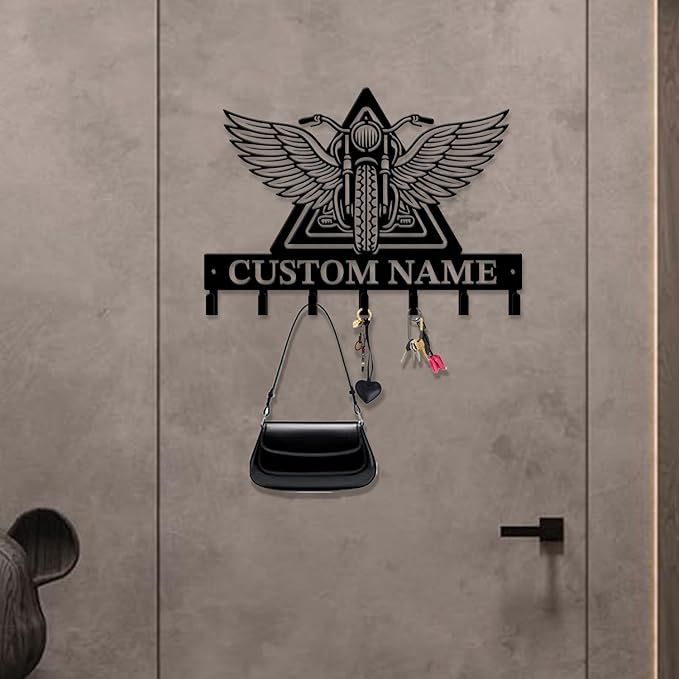 Custom Motorcycle Garage Metal Wall Hooks,Key Holder-Personalized Iron Wall Decor for Keys, Coats & Home (Black, Handmade,Decorative,Entryway, Bedroom,Man Cave) (Style B)