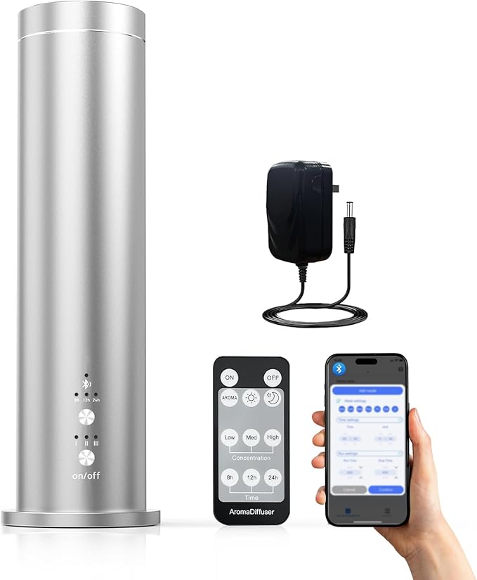 Waterless Scent Diffuser - Cold Air Essential Oil Diffusers Machine Covers up 600 sq.ft Large Room,Button/Remote/Bluetooth Control for Home Hotel Office,Fragrance Not Included,Silver