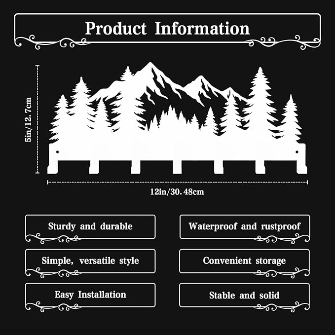 Key Holder Wall Mounted Key Hooks, White Metal Key Rack Hooks, Grove, Mountain Theme Wall Decoration Hooks, with 7 Hooks, Applicable to Front Doors, Lobby,Corridor, Offices (12 ")