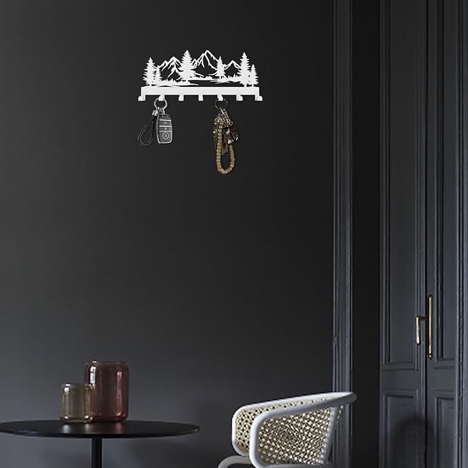 Key Holder Wall Mounted Key Hooks, White Metal Key Rack Hooks, The Great Grove, Mountain Theme Wall Decoration Hooks, with 7 Hooks, Applicable to Front Doors, Lobby,Corridor, Offices (12 ")