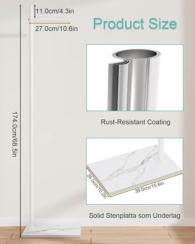 Yawinhe Metal Coat Rack, Coat Tree with Rock Base,L Shaped Freestanding Hall Tree, Clothes Hanger Stand Suitable for Bedroom, Hallway, Entrance,68.5 Inches High,White,USMJ101W