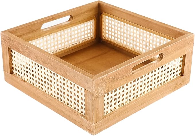 YAHUAN Woven Wooden Storage Crate Box, Decorative Rustic Bamboo Basket With Built-In Handles for Kitchen Pantry, Cabinet, Office, Bedroom, Country Decor (Brown)