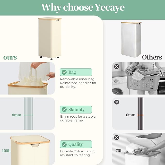 Yecaye 100L Large Capacity Laundry Hamper – Foldable Rolling Laundry Basket, Mobile Clothes Hamper with Wheels, Removable Inner Bag, Bamboo Handle Lid Laundry Bin – Multi-Use Storage,Beige
