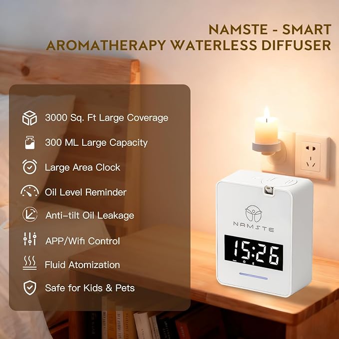 Waterless Diffuser - 3000 Sq. Ft Essential Oil Diffuser with Clock - Whole House & Hotel Collection HVAC System, 300ML Scent Machine Smart Oil Level Monitoring, Bluetooth Control, Cold Air Tech